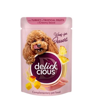 Delickcious karma mokra dla psów dorosłych Płatki z Indykiem i owocami w sosie 80g
