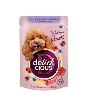 Delickcious karma mokra dla psów dorosłych Płatki z Jagnięciny i Jagody w sosie 80g