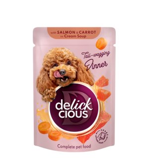 Delickcious karma mokra dla psów dorosłych Paski z Łososia i Marchew w zupie 85g