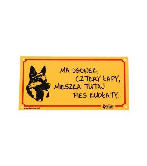 Dingo tabliczka ostrzegawcza PCV "Ma ogonek, cztery łapy, mieszka tutaj pies kudłaty"