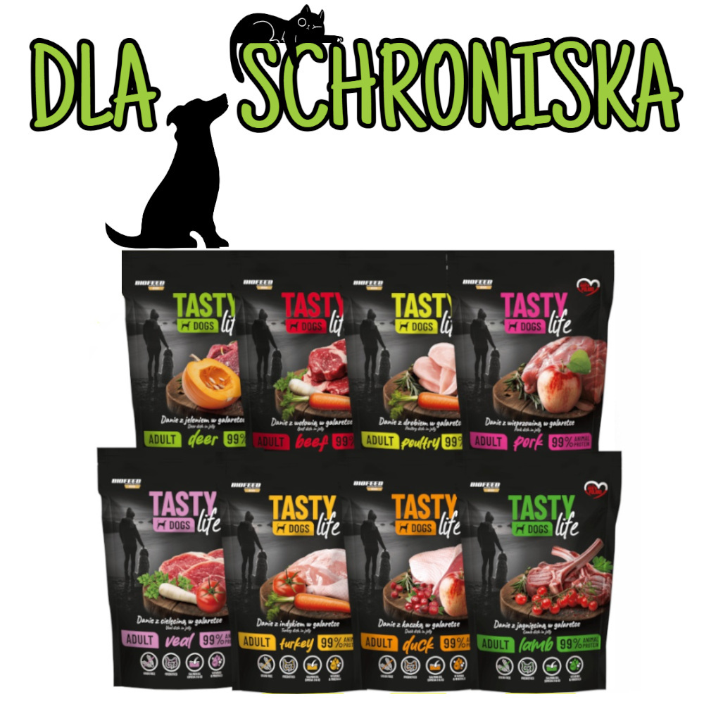 ❤️🐶 DO SCHRONISKA Tasty Dogs Life karma mokra dla psów dorosłych danie w galaretce 1x 500g - mix smaków