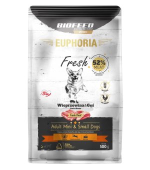 Euphoria Fresh Meat karma sucha dla psów dorosłych Wieprzowina z Gęsią XS/S 500g