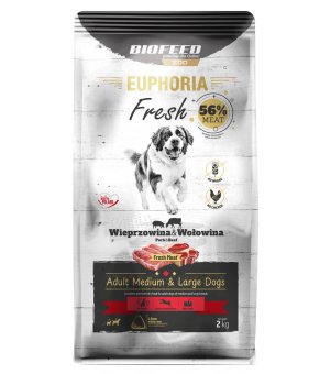 Euphoria Fresh Meat karma sucha dla psów dorosłych Wieprzowina z Wołowiną M/L 2kg