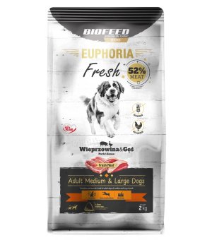 Euphoria Fresh Meat karma sucha dla psów dorosłych Wieprzowina z Gęsią M/L 2kg