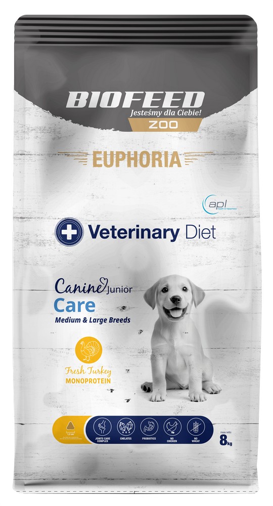 Euphoria VET Canine Junior Care Fresh Mono Turkey - sucha karma dla szczeniąt średnich i dużych ras M/L 8kg