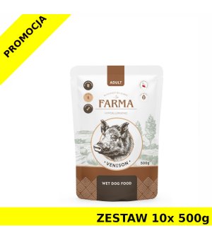 Farma karma mokra dla psów dorosłych Dziczyzna saszetka ZESTAW 10x 500g