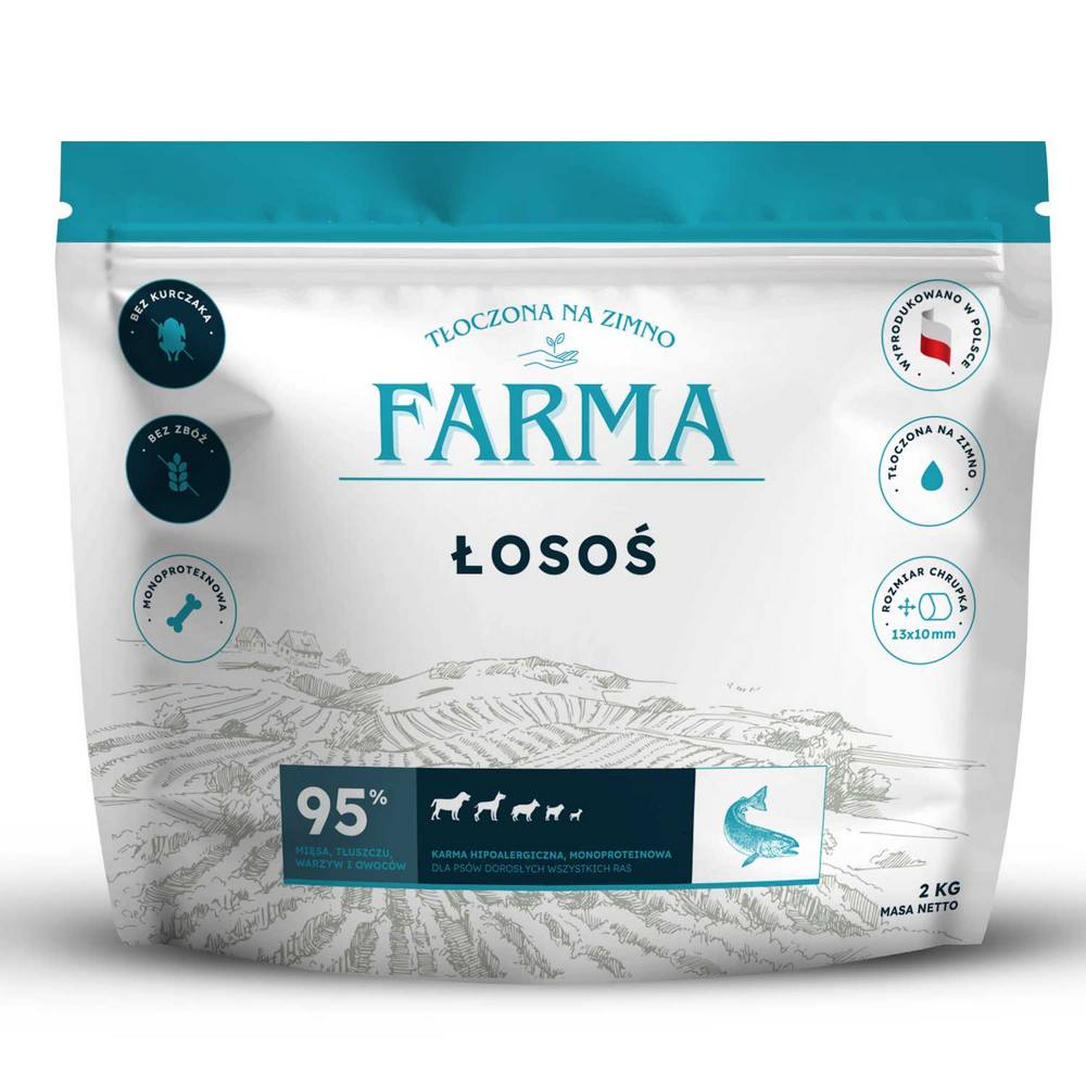 Farma karma tłoczona na zimno dla psów dorosłych Łosoś 2kg - NOWA RECEPTURA