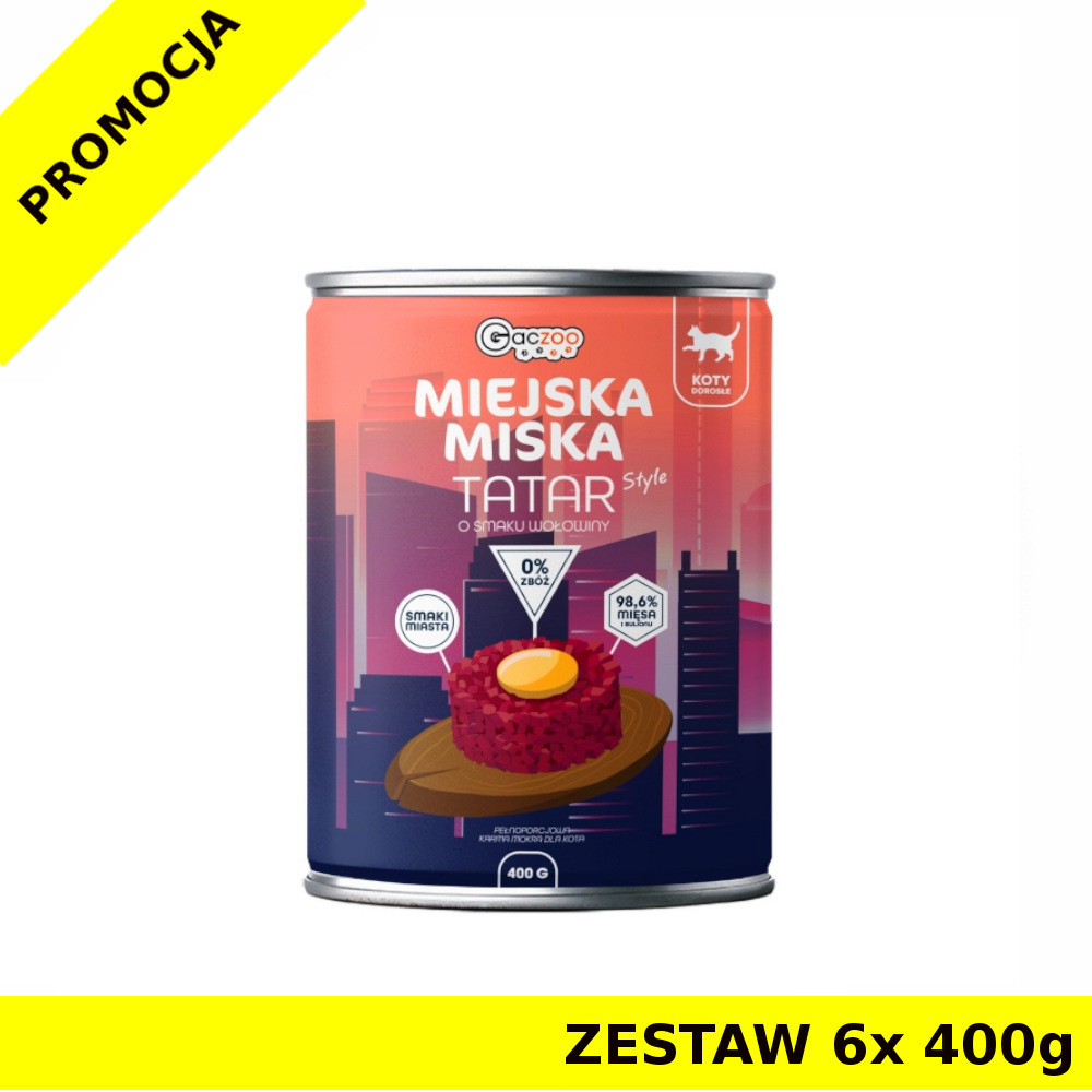 GACZOO Miejska Miska karma mokra dla kota Tatar Wołowy ZESTAW 6x 400g
