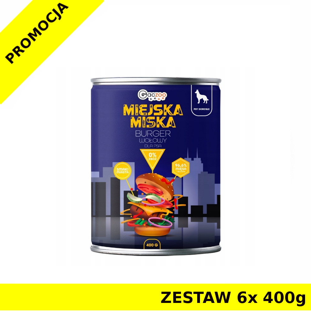 GACZOO Miejska Miska karma mokra dla psa Burger Wołowy ZESTAW 6x 400g