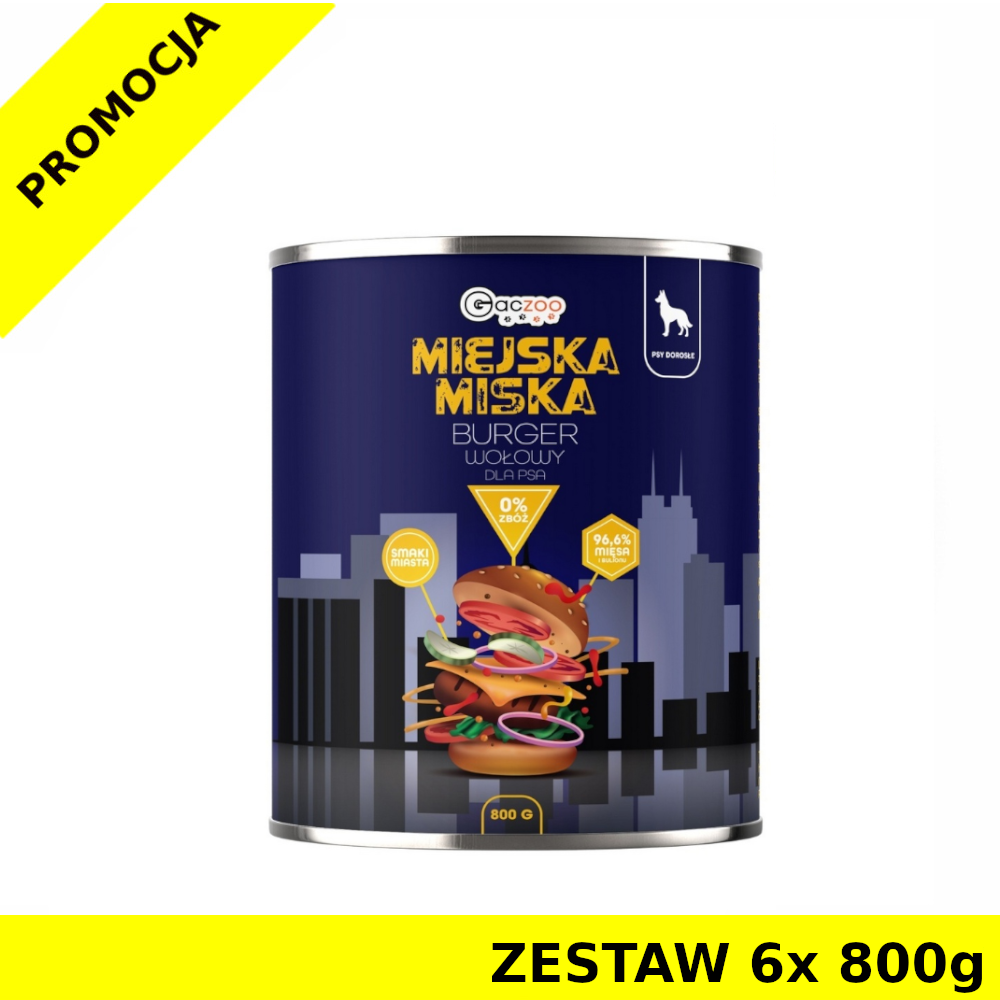 GACZOO Miejska Miska karma mokra dla psa Burger Wołowy ZESTAW 6x 800g