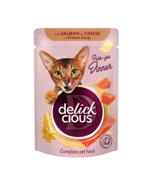 ideaPet Delickcious karma mokra dla kotów Paski z Łososiem i Serem w zupie krem 85g
