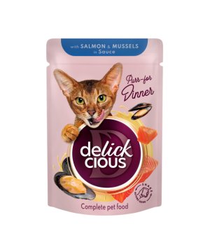 ideaPet Delickcious karma mokra dla kotów Kawałki z Łososiem i Małżami w sosie 85g
