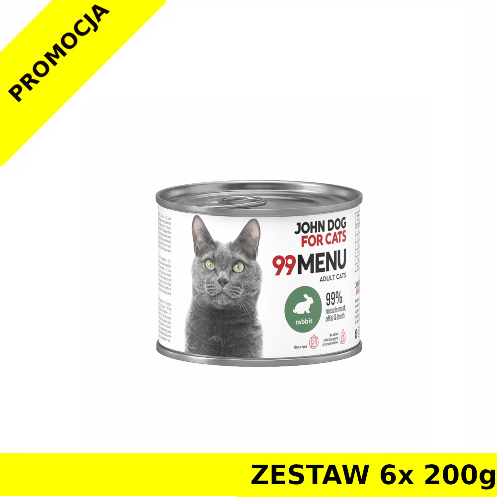 John Dog karma mokra dla kotów dorosłych 99 Menu Królik ZESTAW 6x 200g