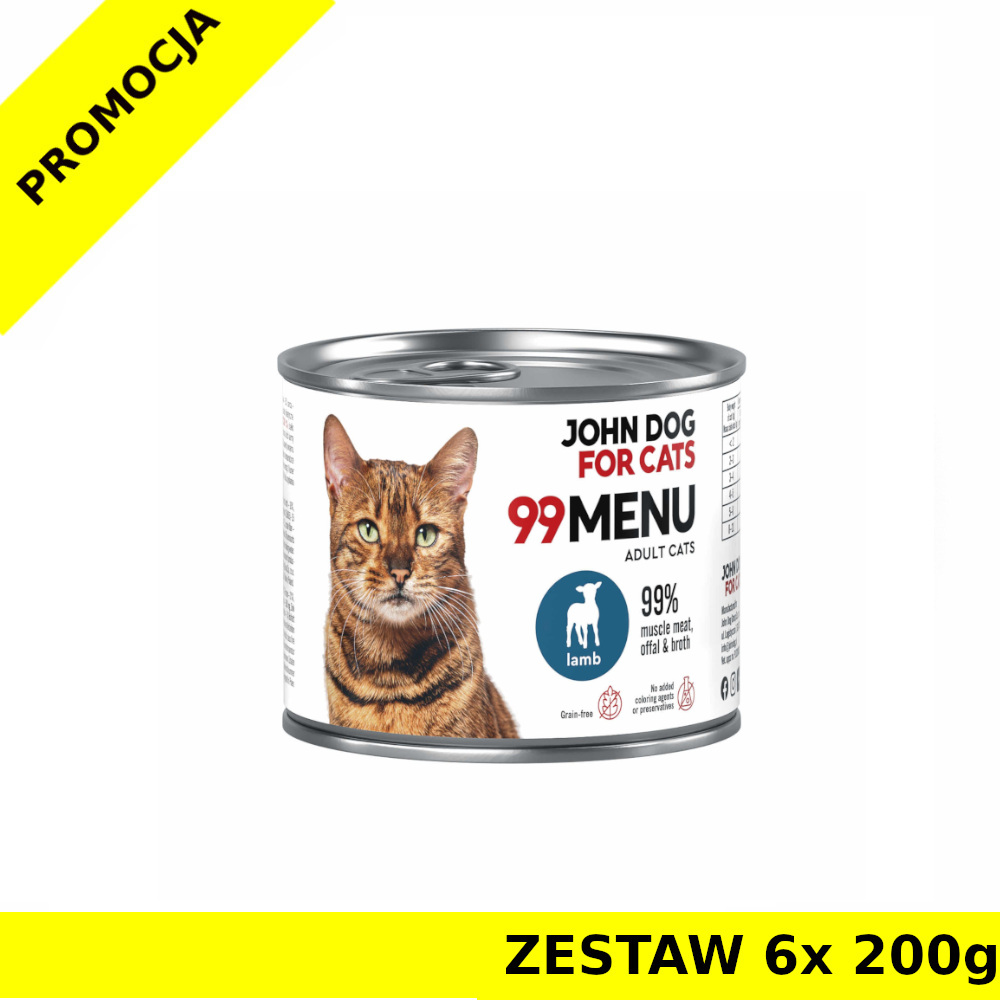 John Dog karma mokra dla kotów dorosłych 99 Menu Jagnięcina ZESTAW 6x 200g
