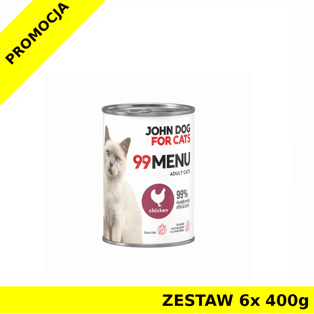 John Dog karma mokra dla kotów dorosłych 99 Menu Kurczak ZESTAW 6x 400g