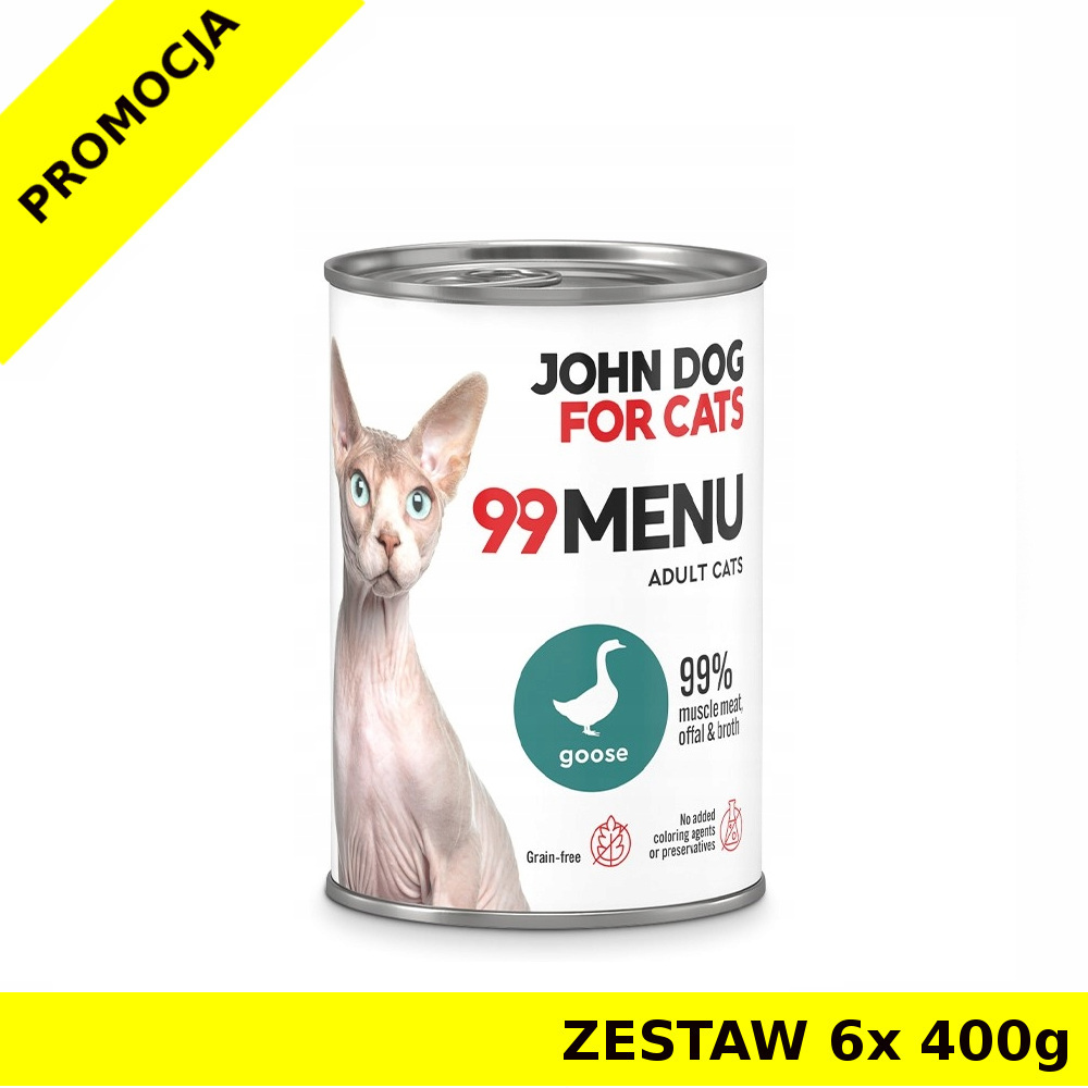 John Dog karma mokra dla kotów dorosłych 99 Menu Gęś ZESTAW 6x 400g