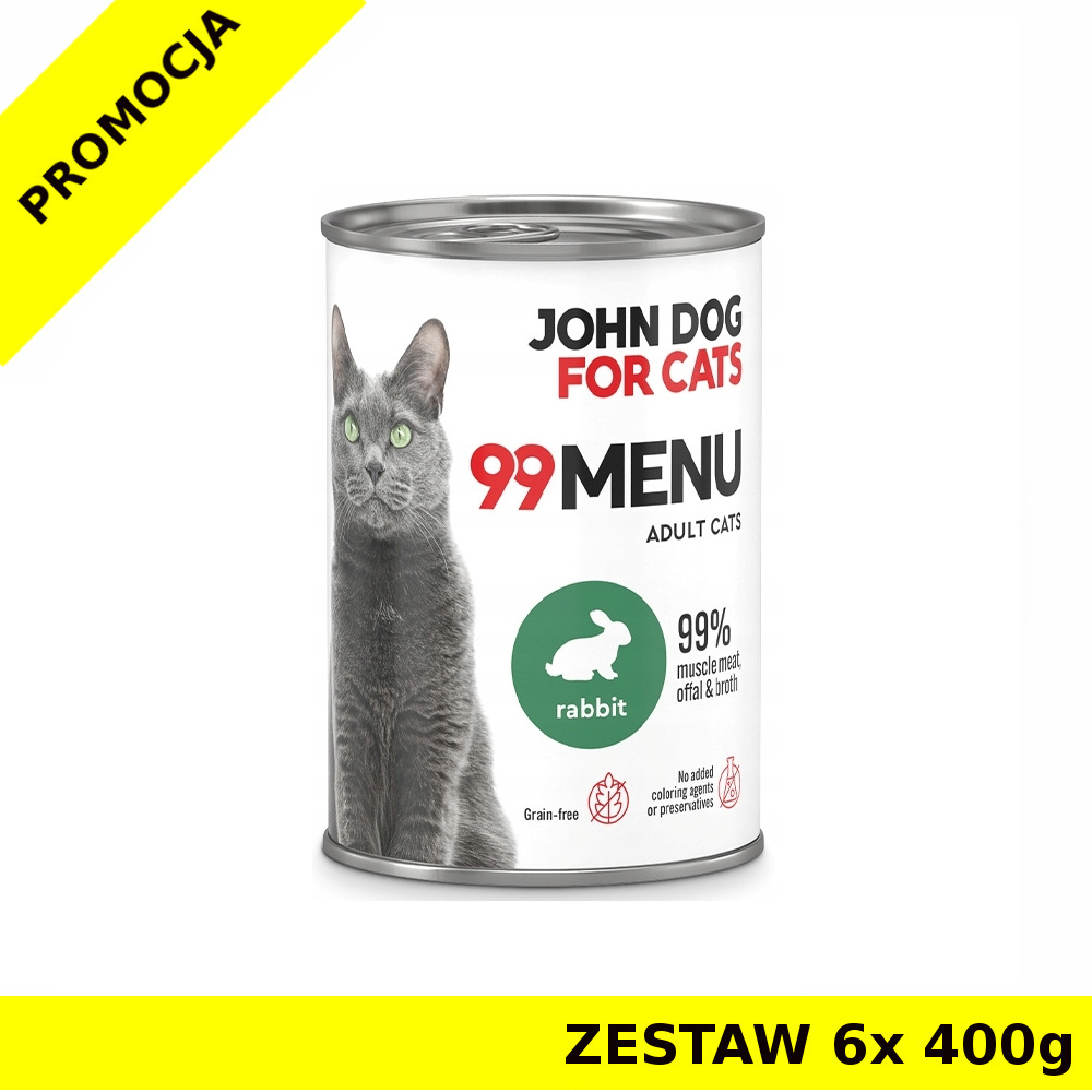 John Dog karma mokra dla kotów dorosłych 99 Menu Królik ZESTAW 6x 400g