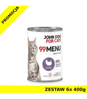 John Dog karma mokra dla kotów dorosłych 99 Menu Indyk ZESTAW 6x 400g