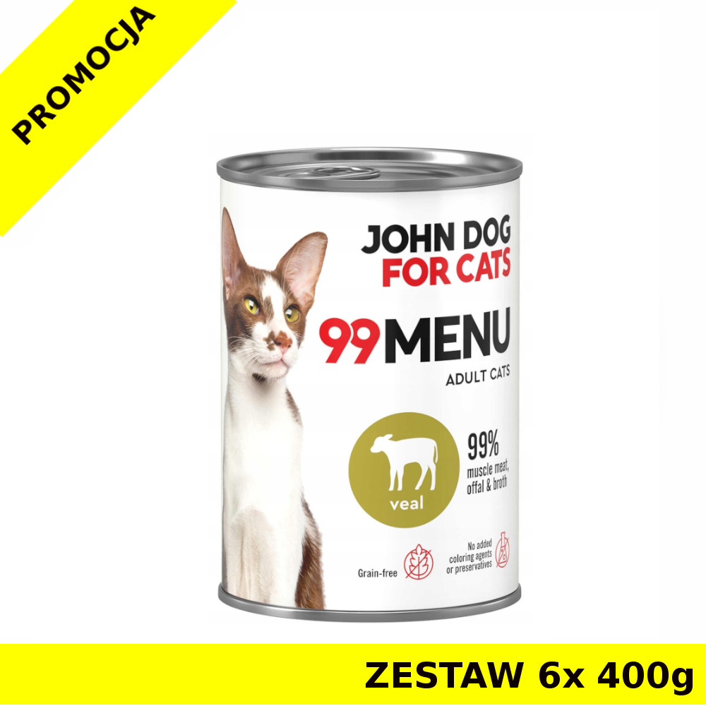 John Dog karma mokra dla kotów dorosłych 99 Menu Cielęcina ZESTAW 6x 400g