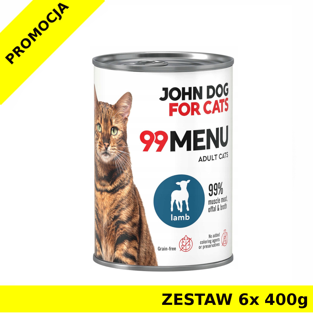 John Dog karma mokra dla kotów dorosłych 99 Menu Jagnięcina ZESTAW 6x 400g
