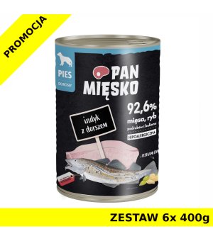 Karma mokra dla psa PAN MIĘSKO PIES INDYK Z DORSZEM ZESTAW 6X 400G PUSZKA