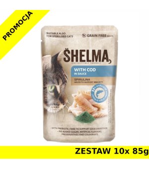 Karma dla kota Shelma CAT dorsz ze spiruliną w sosie saszetka ZESTAW 10x 85g