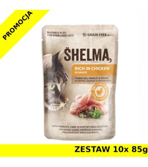 Karma dla kota Shelma CAT kurczak z pomidorami w ziołach w sosie saszetka ZESTAW 10x 85g