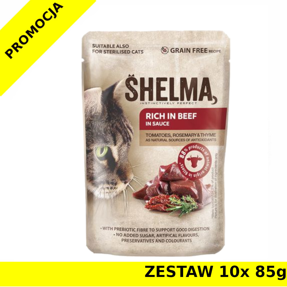 Karma dla kota Shelma CAT wołowina pomidorami zioła w sosie saszetka ZESTAW 10x 85g