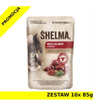 Karma dla kota Shelma CAT wołowina pomidorami zioła w sosie saszetka ZESTAW 10x 85g
