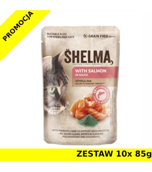 Karma mokra dla kota Shelma CAT łosoś ze spiruliną w sosie saszetka ZESTAW 10x 85g