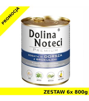 Karma mokra dla psa Dolina Noteci z dorszem i brokułami puszka ZESTAW 6x800g