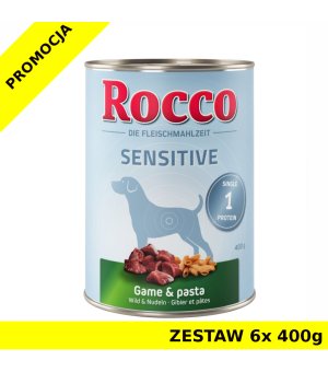 Karma mokra dla psa Rocco Diet Care Sensitive dziczyzna z makaronem puszka ZESTAW 6x 400g 