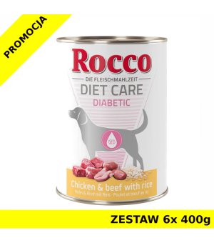 Karma mokra dla psa Rocco Diet Care Diabetic kurczak z wołowiną i ryżem puszka ZESTAW 6x 400g 