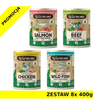 Karma mokra dla psa Wild Balance MIX 4 smaków 7+1 GRATIS puszki 8x 400g