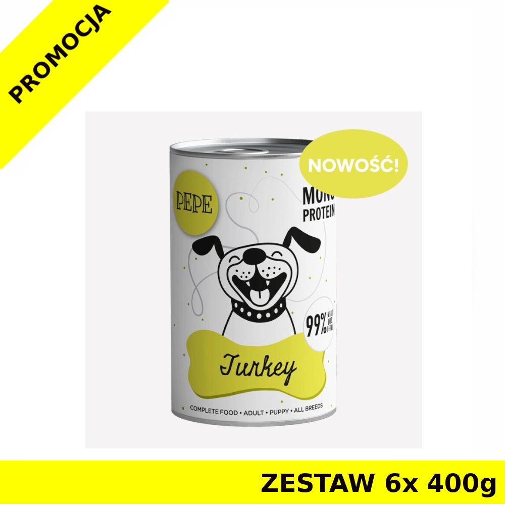 Karma Mokra Paka Zwierzaka - PEPE MONO PROTEIN Turkey - Indyk ZESTAW 6x 400g