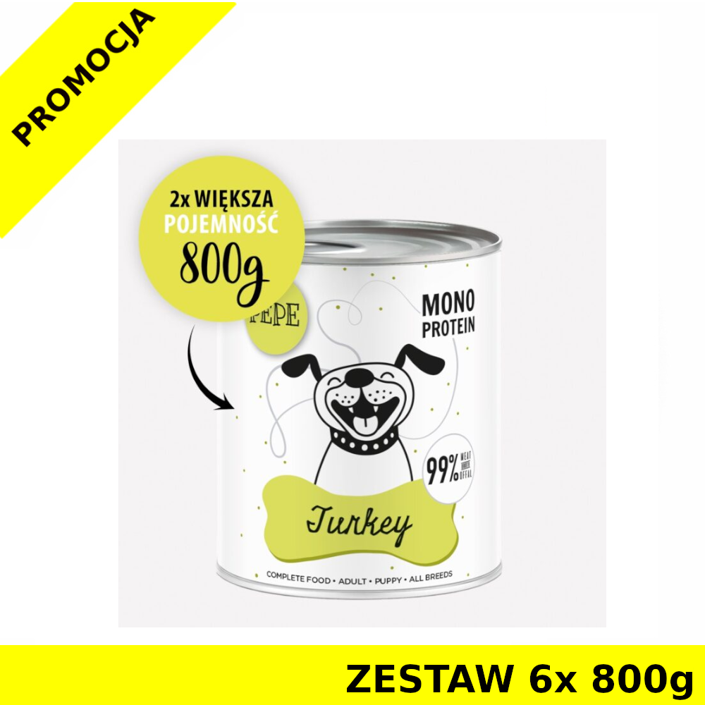 Karma Mokra Paka Zwierzaka - PEPE MONO PROTEIN Turkey - Indyk ZESTAW 6x 800g