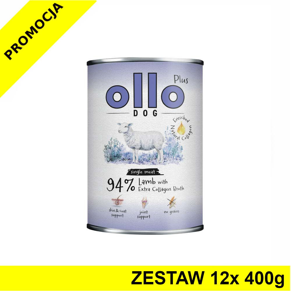 Ollo Plus Kolagen karma mokra dla psów dorosłych Jagnięcina ZESTAW 12x 400g