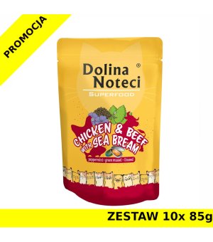 Mokra karma dla kota Dolina Noteci Superfood kurczak i wołowina z doradą ZESTAW 10x 85g