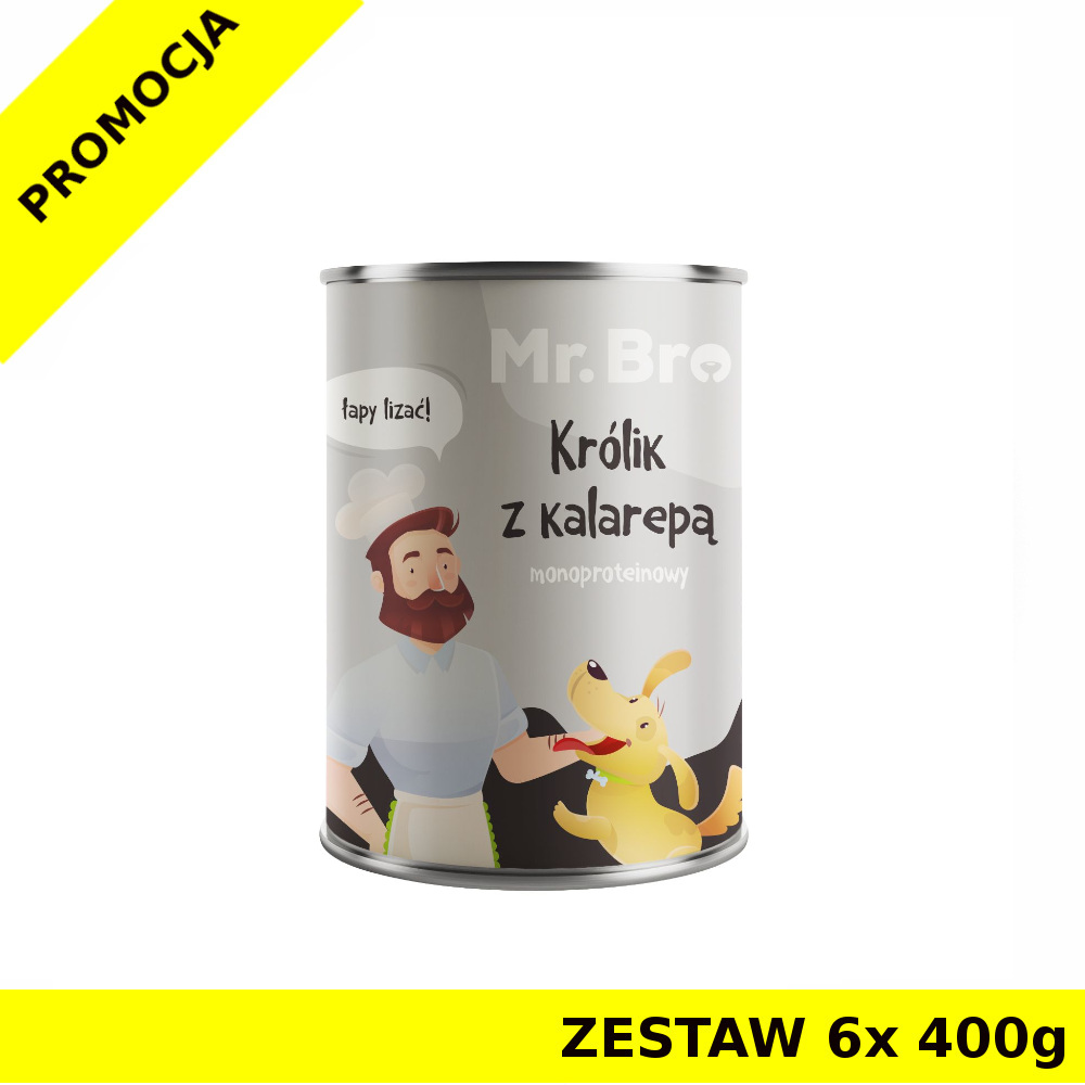 Mr. Bro karma mokra monobiałkowa dla psów dorosłych Królik z Kalarepą ZESTAW 6x 400g