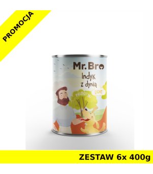 Mr. Bro karma mokra niskotłuszczowa dla psów dorosłych Light Indyk z Dynią ZESTAW 6x 400g 