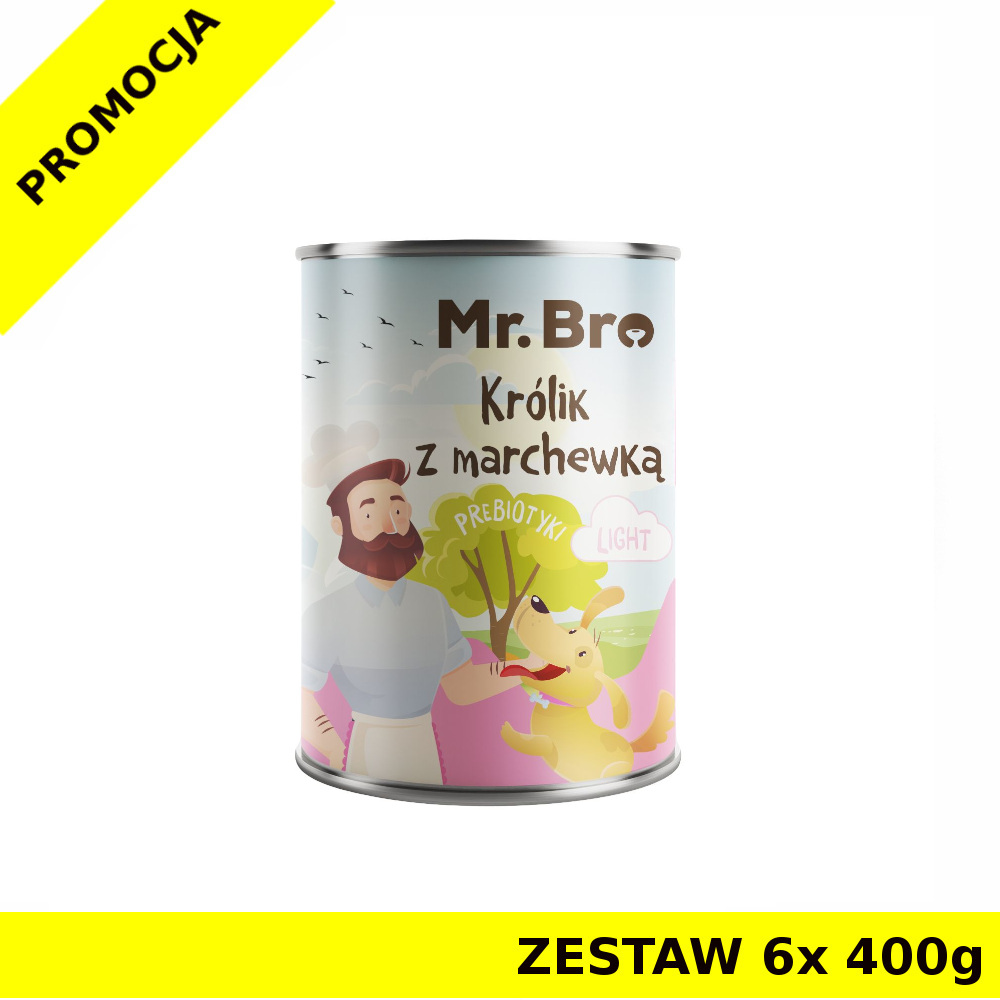 Mr. Bro karma mokra niskotłuszczowa dla psów dorosłych Light Królik z Marchewką ZESTAW 6x 400g