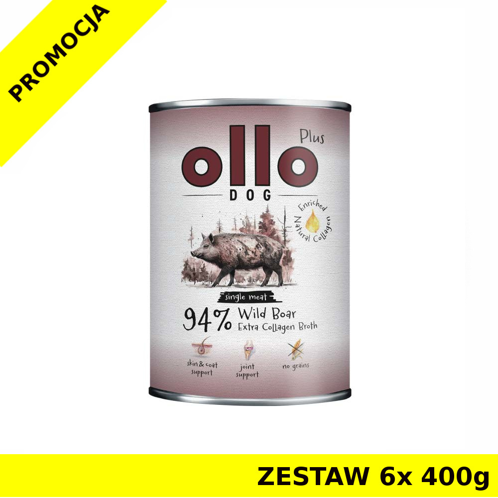 Ollo Plus Kolagen karma mokra dla psów dorosłych Dzik ZESTAW 6x 400g