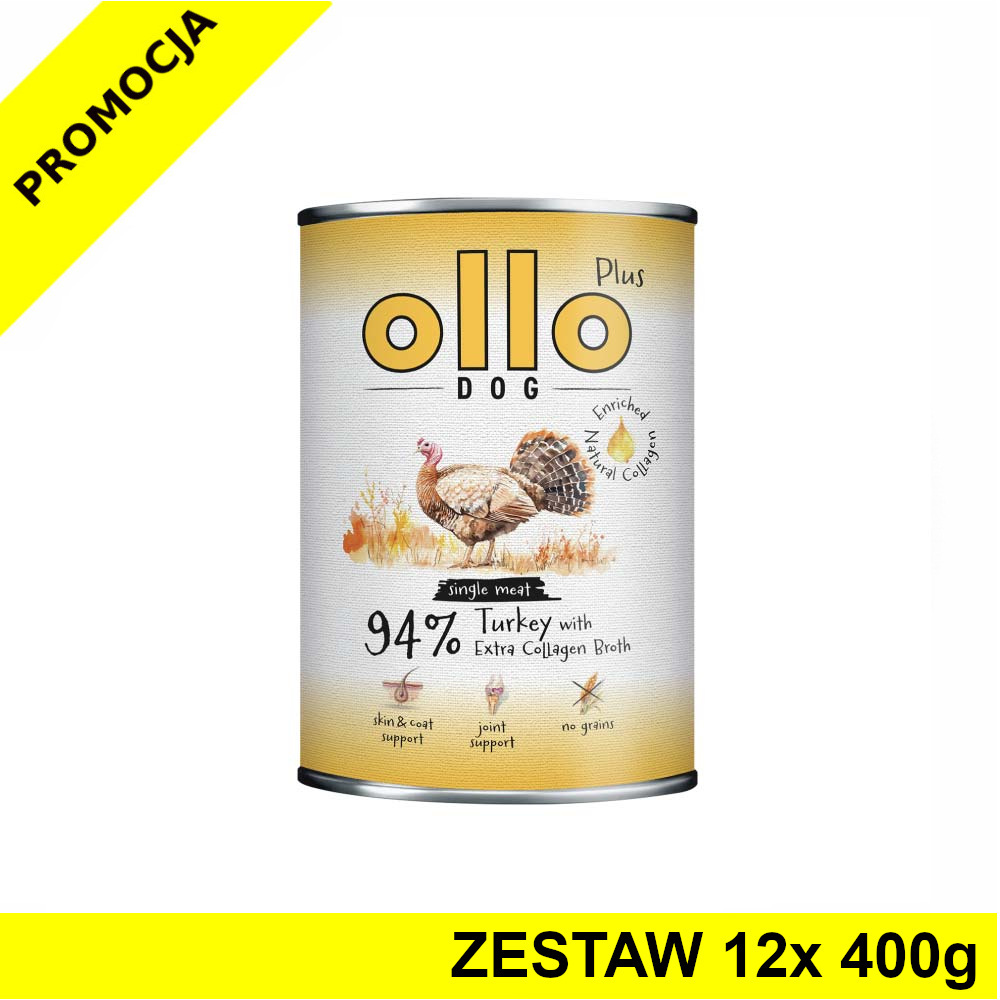Ollo Plus Kolagen karma mokra dla psów dorosłych Indyk ZESTAW 12x 400g