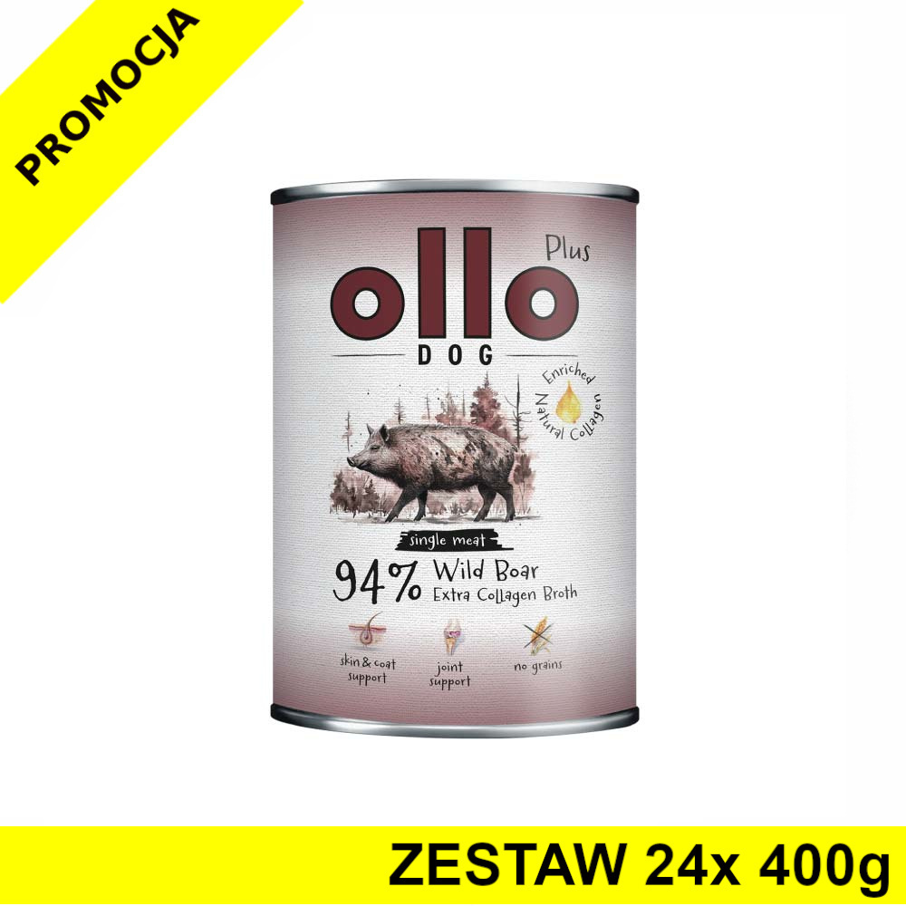 Ollo Plus Kolagen karma mokra dla psów dorosłych Dzik ZESTAW 24x 400g