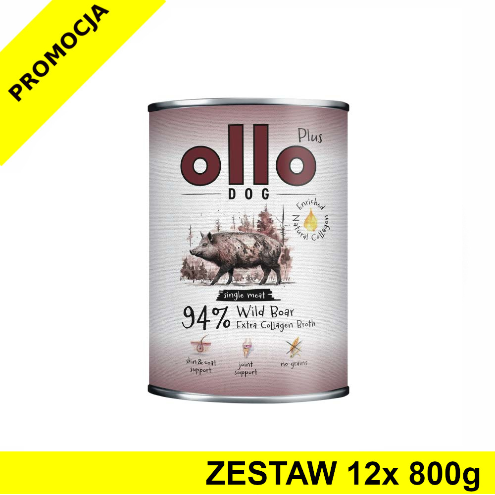 Ollo Plus Kolagen karma mokra dla psów dorosłych Dzik ZESTAW 12x 800g