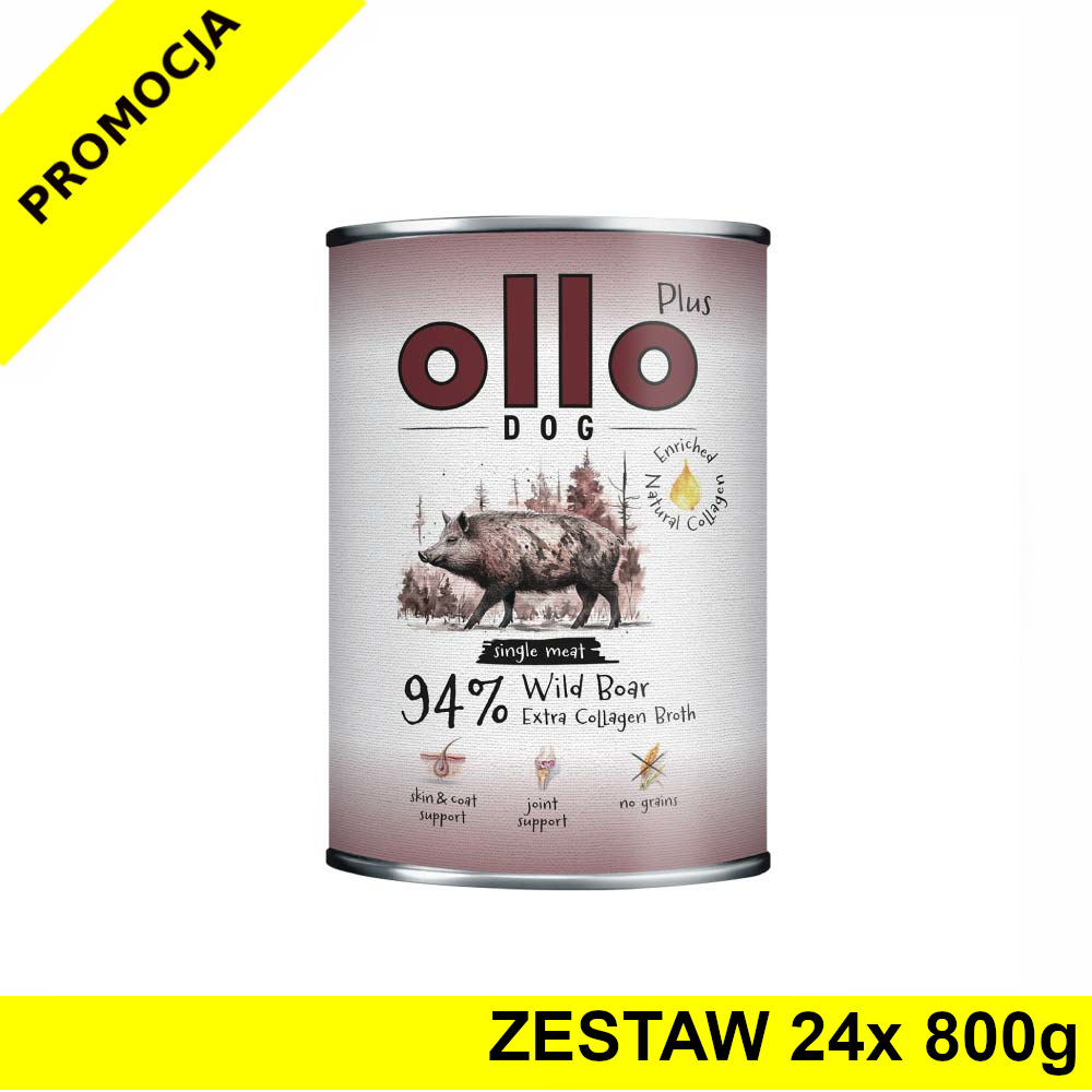 Ollo Plus Kolagen karma mokra dla psów dorosłych Dzik ZESTAW 24x 800g