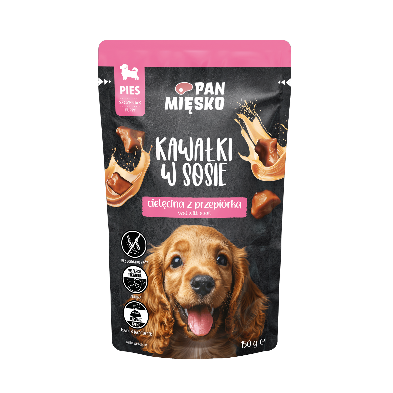 PAN MIĘSKO karma mokra Kawałki w sosie dla szczeniąt Cielęcina z Przepiórką 150g