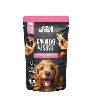 PAN MIĘSKO karma mokra Kawałki w sosie dla szczeniąt Cielęcina z Przepiórką 150g