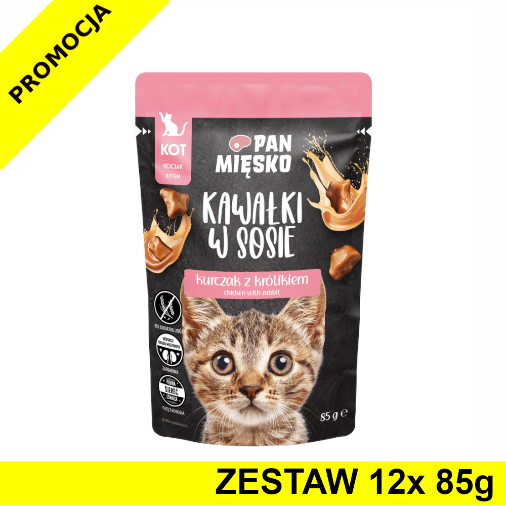 PAN MIĘSKO karma mokra Kawałki w sosie dla kociąt Kurczak z Królikiem 12x 85g ZESTAW