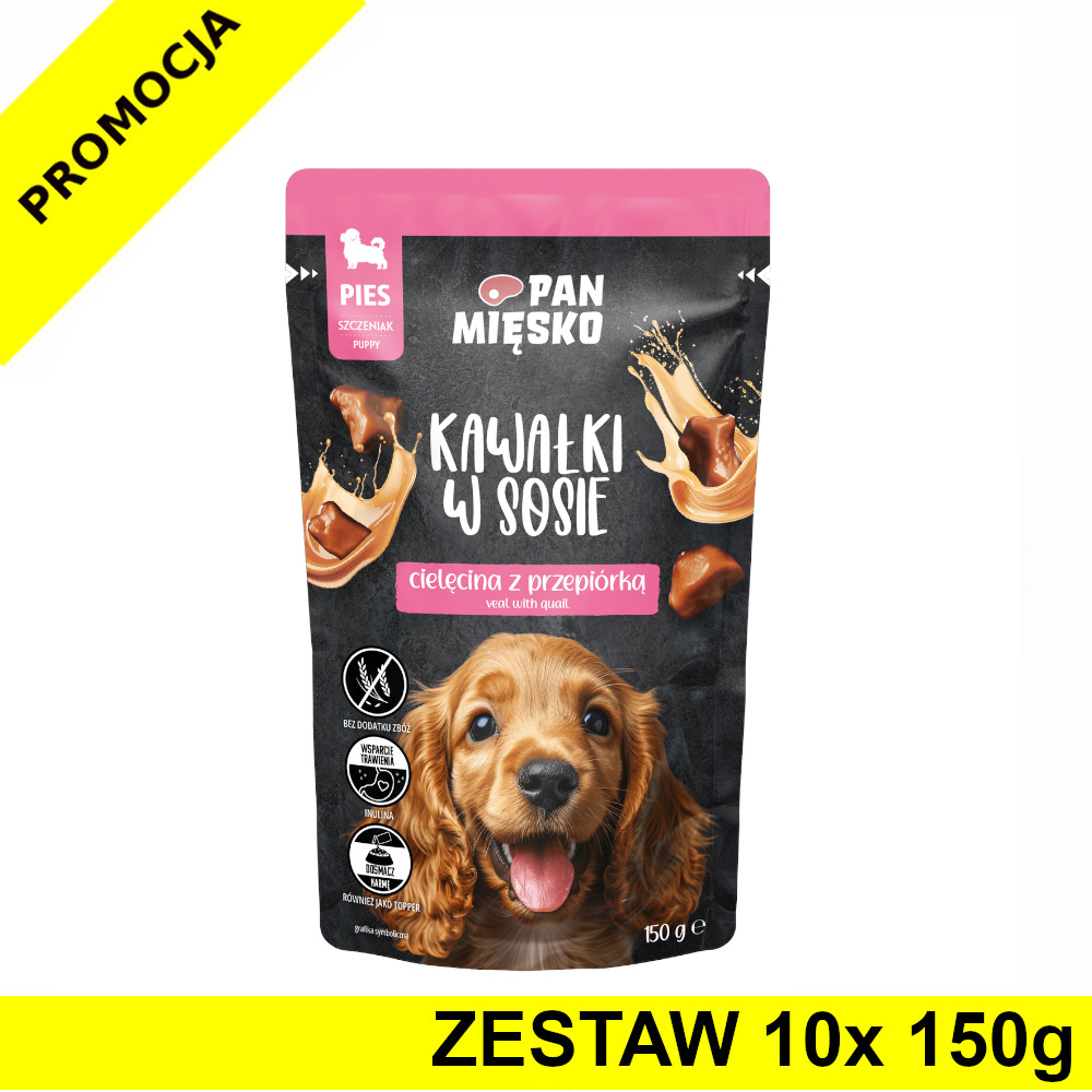 PAN MIĘSKO karma mokra Kawałki w sosie dla szczeniąt Cielęcina z Przepiórką 10x 150g ZESTAW